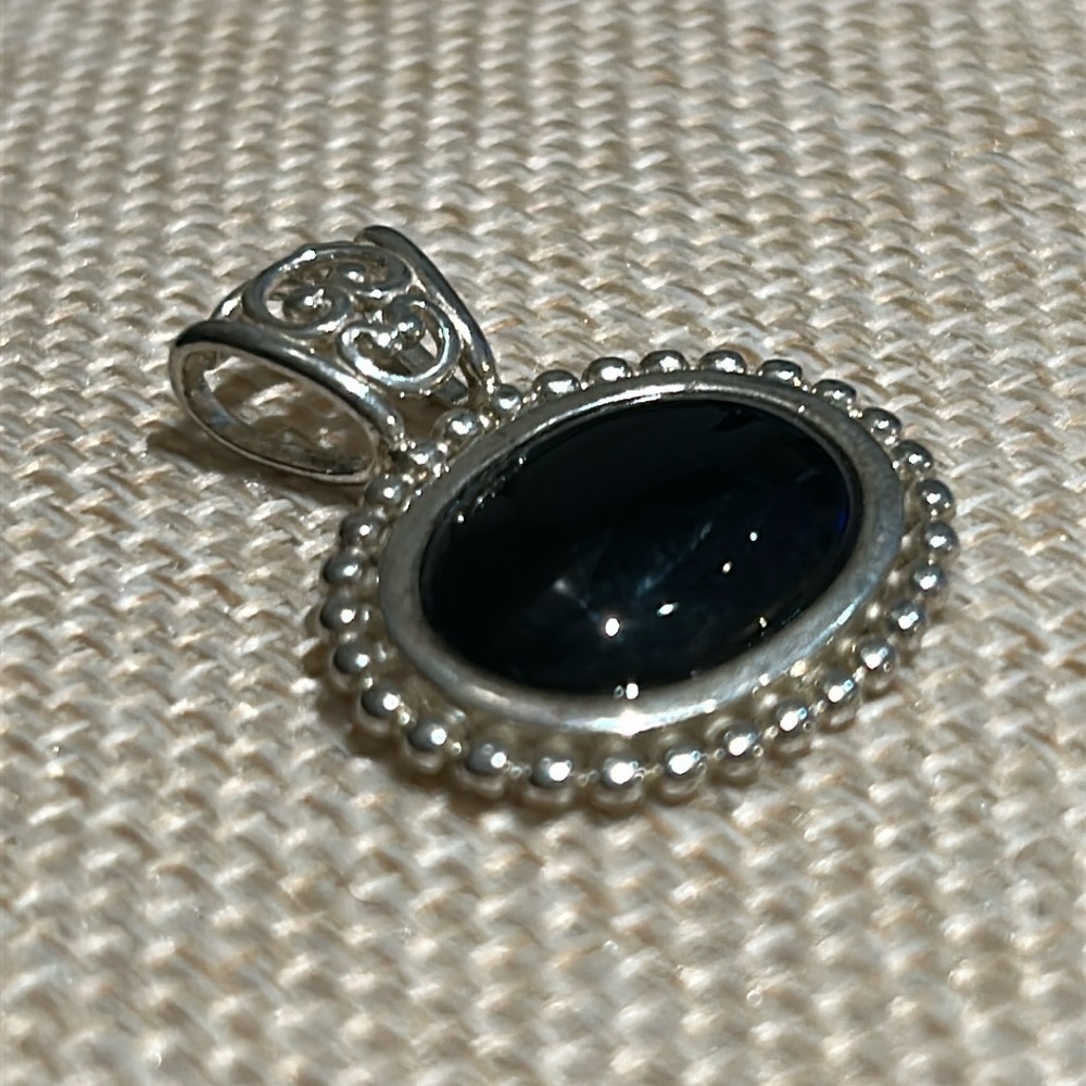Sterling Silver Onyx Cabochon Oval Beaded Filigree Pendant NV Nevada Ornate 925 - Picture 2 of 10